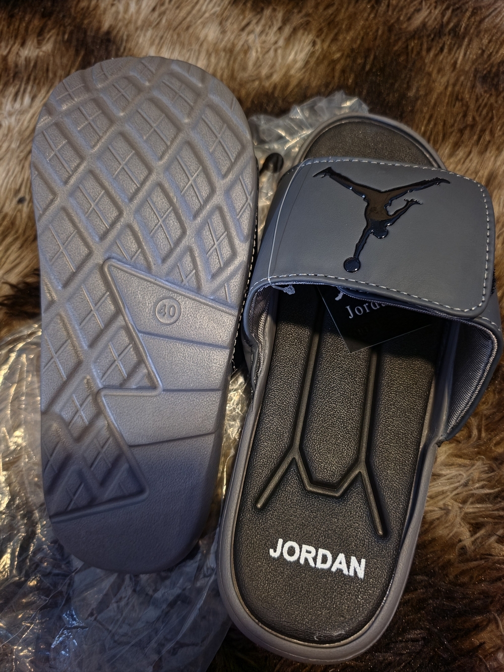 Jordan Men's Gray and Black Slide Sandals with Glossy Jumpman